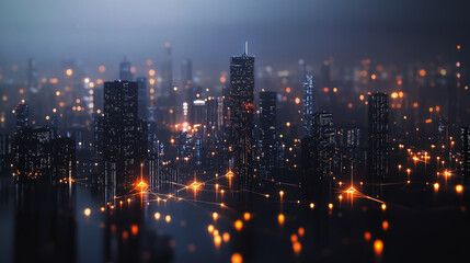 Obraz premium Smart digital Innovation city with connection network reciprocity over the cityscape. of future smart wireless digital city and social media networking systems that connects people with in city