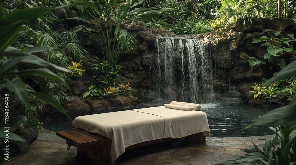 Poster a serene spa setting with a massage table beside a waterfall.