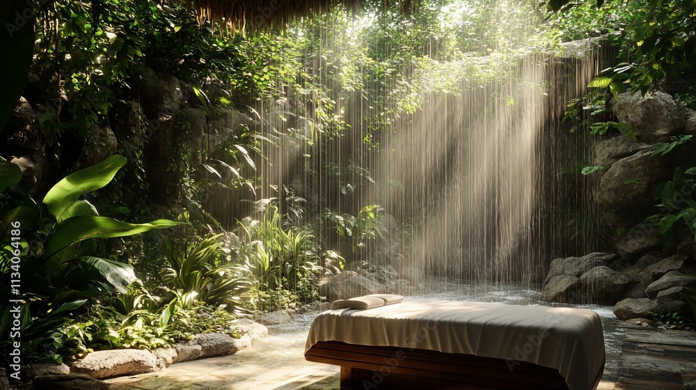 Poster a serene spa setting with a massage table near a tranquil waterfall.