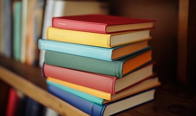 Fototapeta premium Stack of colorful hardcover books on a wooden shelf. Education and reading concept.