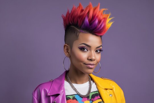Confident woman with vibrant multicolored mohawk hairstyle and leather jacket.