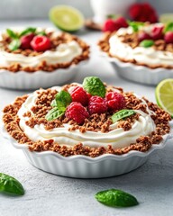 A delicious dessert featuring a crust, whipped cream, raspberries, and mint leaves.