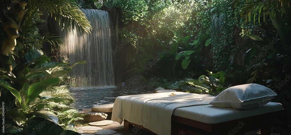 Poster A serene spa setting with a massage table by a waterfall in a lush environment.