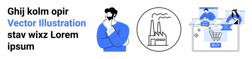 Obraz premium Businessman thoughtfully analyzing industrial production and e-commerce activities represented by factory outline and online shopping interface. Ideal for business strategy, industrial analysis