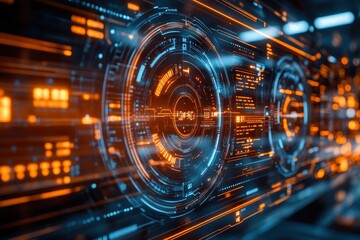 A futuristic digital interface with glowing orange and blue elements, emphasizing technology.
