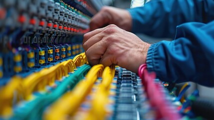 Close-up of hands connecting colorful cables in a server rack.