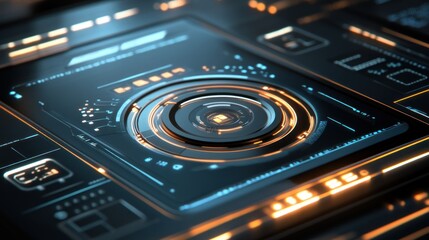 Obraz premium Futuristic digital interface with circular design and glowing elements.