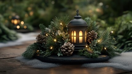 A beautifully arranged lantern surrounded by pine branches and cones, illuminated with warm lights, creating a cozy, festive ambiance ideal for holiday decorations or seasonal marketing materials,