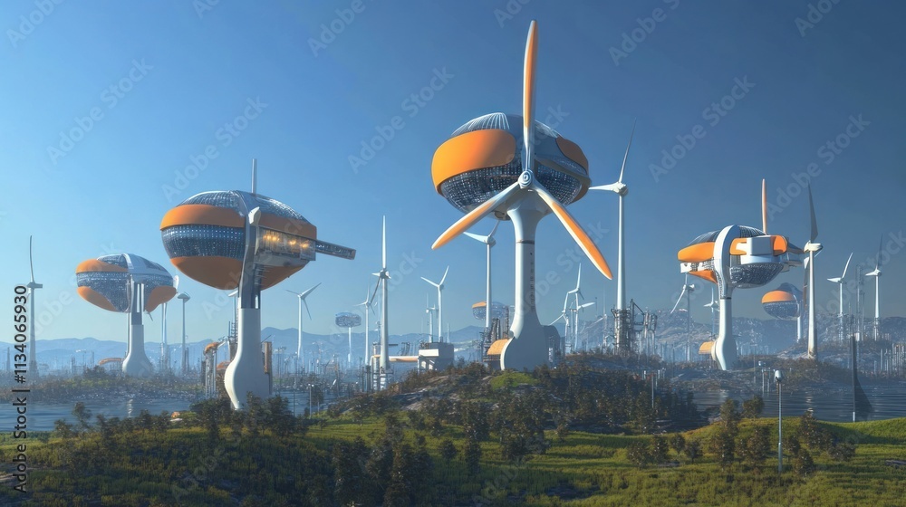 Poster futuristic landscape with wind turbines and modern structures for renewable energy.