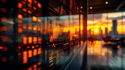 A sunset view reflecting on a digital display with data visualizations in a modern office.
