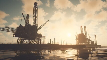 Majestic silhouette of an offshore drilling platform rising against the tranquil morning sky capturing the energy and scale of the oil and gas industry