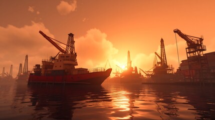 Obraz premium An offshore oil and gas drilling platform silhouetted against the vibrant colors of the morning sky showcasing the industrial and technological aspects of the energy sector