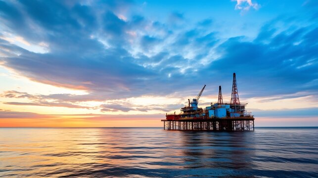 Silhouette of an offshore oil and gas drilling platform set against the backdrop of the morning or evening sky over the open ocean
