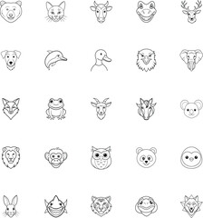 Cute Animal Line Art Heads of Mammals, Birds, and Amphibians