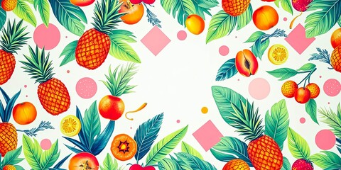 Tropical Fruit Paradise A vibrant and refreshing design featuring pineapples, oranges, apricots, and other exotic fruits surrounded by lush green leaves and playful geometric shapes.