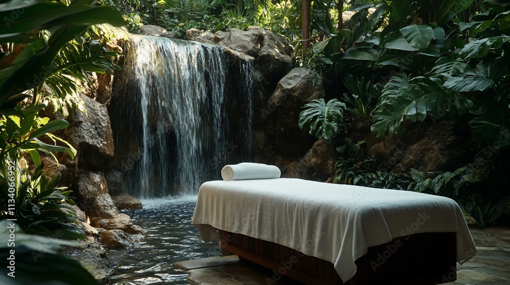 Poster a tranquil spa setting with a massage table beside a serene waterfall.