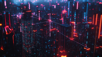 Obraz premium Smart digital Innovation city with connection network reciprocity over the cityscape. of future smart wireless digital city and social media networking systems that connects people with in city