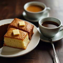 Chiffon cake, coffee, food, cake, breakfast, cup, dessert, sweet, bread, plate, drink, chocolate, pastry, cafe, tea, white, snack, toast, brown, delicious, beverage, cream, meal, sugar, closeup, morni