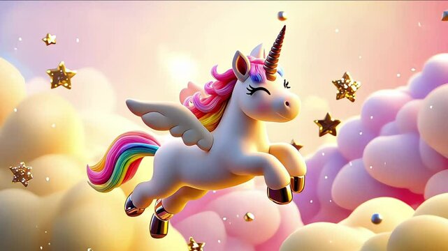 Whimsical cartoon unicorn with a rainbow mane frolicking on fluffy clouds in a dreamy pastel sky