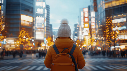 A traveler in a bright jacket and cozy hat stands amidst a vibrant cityscape at dusk, surrounded by glowing lights and bustling urban energy.