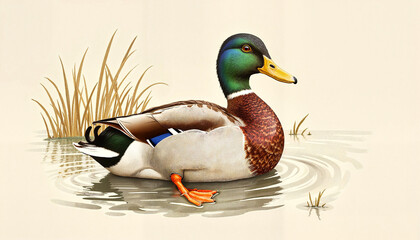Obraz premium Mallard duck swimming in calm water surrounded by soft grasses during a tranquil afternoon