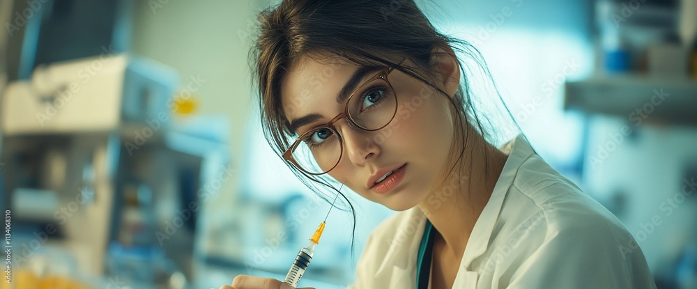 Poster a young scientist in a lab preparing a syringe for an experiment.