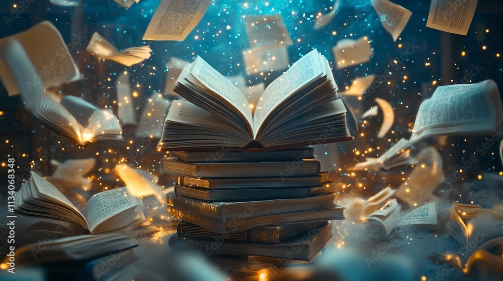 Poster An open book surrounded by floating pages and glowing light.