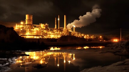 Fototapeta premium Illuminated Cement Production Facility at Night with Glowing Lights Highlighting the Industrial and Machinery Involved in the Manufacturing Process