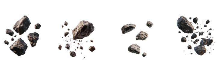 Set of Flying asteroids isolated on a transparent background
