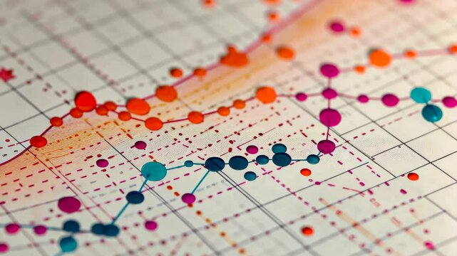 This close-up videograph showcases a paper with numerous dots in varying sizes and positions, A scatter plot showing risk vs return for various investments