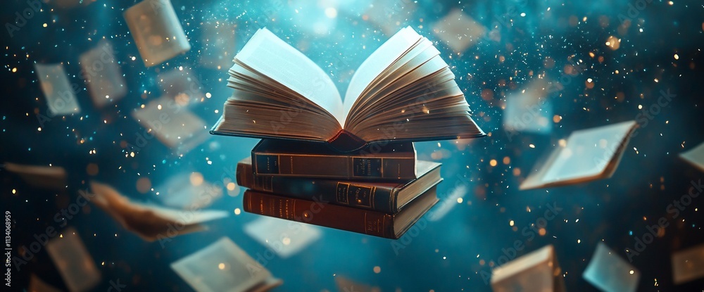 Poster An open book surrounded by floating pages, evoking a sense of knowledge.