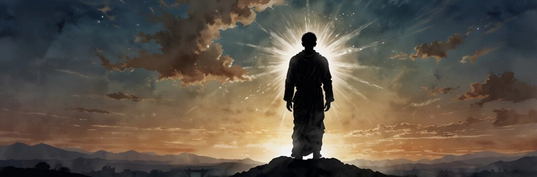 silhouette of a believer who praying to god in the mountains- divine lights emitting