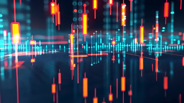 This video captures an abstract composition featuring a vibrant arrangement of lines and squares, A scatter plot showing the correlation between market volatility and trade volume