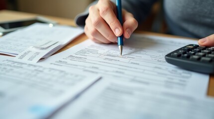 A close-up view of a person filling out a tax form at a desk, surrounded by receipts and a calculator