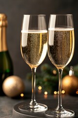 Elegant champagne flutes filled with sparkling bubbly, set against a festive background of golden ornaments and soft lights, perfect for celebrations, toasting, and holiday-themed designs,