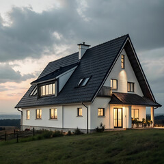 Obraz premium A cozy rustic living room with a roaring stone fireplace, wooden beams.