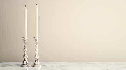 Two tall silver candlesticks with white candles, placed on a smooth marble surface against a plain beige wall