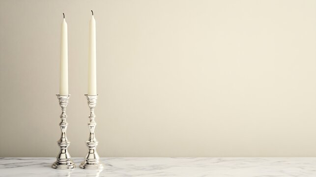 Two tall silver candlesticks with white candles, placed on a smooth marble surface against a plain beige wall