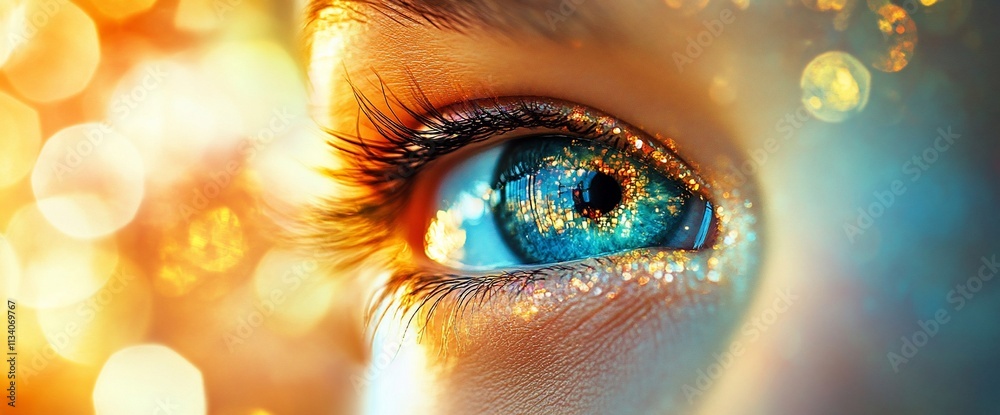 Poster close-up of a vibrant blue eye with sparkling effects and bokeh background.