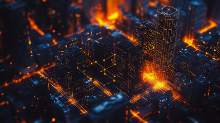 Fototapeta premium Smart digital Innovation city with connection network reciprocity over the cityscape. of future smart wireless digital city and social media networking systems that connects people with in city