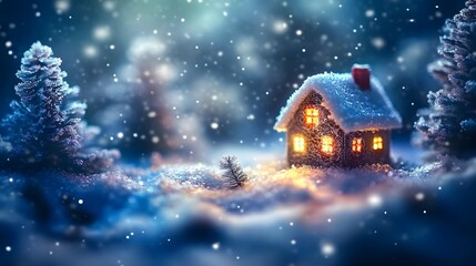 Fototapeta premium Cozy winter house glowing warmly in a snowy forest at night.