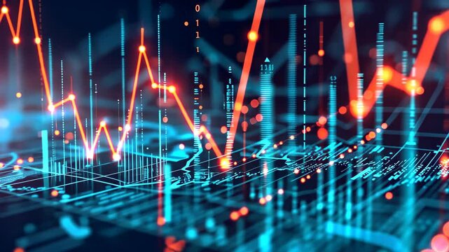 A vibrant blue and red background filled with intersecting lines and scattered dots, A scatter plot showing the correlation between market volatility and trade volume