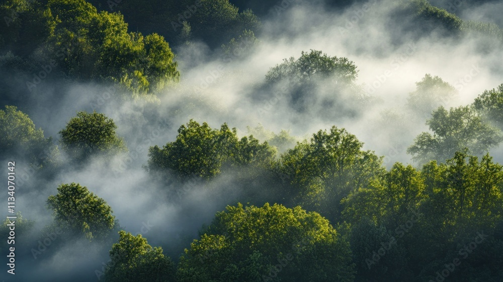 Poster lush green trees emerge from mist, creating a serene and tranquil forest landscape.