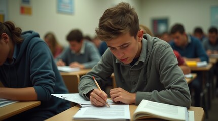 nervous student in a crowded exam room, fidgeting with their pencil and glancing around