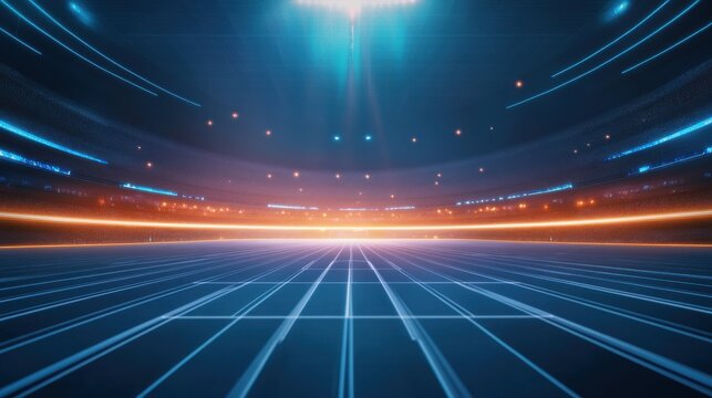 Futuristic Sports Arena with Dynamic Lighting and Bright Track Lines Representing Energy and Speed, Ideal for Sports or Technology Related Themes