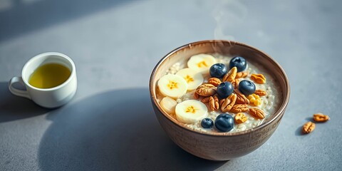 Warm Oatmeal Bowl with Banana Slices, Blueberries, and Pecans, Served with a Side of Tea