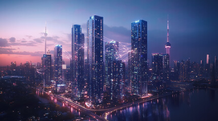 Obraz premium Smart digital Innovation city with connection network reciprocity over the cityscape. of future smart wireless digital city and social media networking systems that connects people with in city