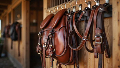 Brown leather saddles and reins hanging in a rustic stable environment for equestrian activities