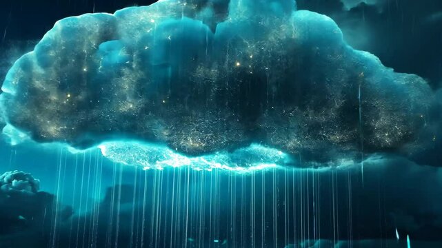 A blue cloud floats gracefully against a backdrop of a clear blue sky, A serene video of a 'Data Cloud' with streaming bits and bytes