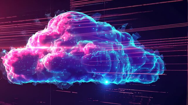 This computer-generated video depicts a realistic cloud formation, showcasing the intricacies of its shape and texture, A serene video of a 'Data Cloud' with streaming bits and bytes